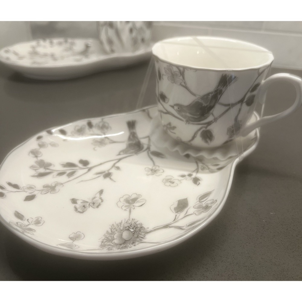 NEW-2 Grace Teaware Porcelain Teacup/Snack Plate Gray/White Bird & Floral